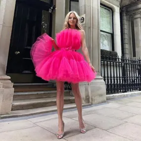 Abito da cerimonia corto corto rosa shocking per ragazze Robe De Soiree sopra il ginocchio abiti da cocktail in tulle gonfi senz